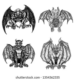 Set of mythological ancient creatures animals with bat like wings and horns. Mythical gargoyle with sharp fangs teeth and nails or claws in seating position. Engraved hand drawn sketch. Vector.