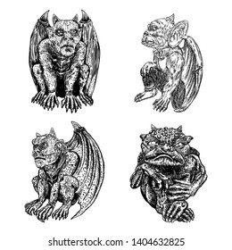 Set of mythological ancient creatures animals with bat like wings and horns. Mythical gargoyle with sharp fangs teeth and nails or claws in seating position. Engraved hand drawn sketch. Vector.