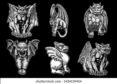 Set of mythological ancient creatures animals with bat like wings and horns. Mythical gargoyle with sharp fangs teeth and nails or claws in seating position. Engraved hand drawn sketch. Vector.
