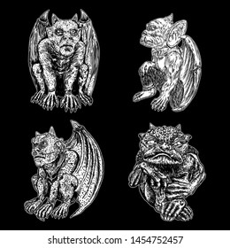 Set of mythological ancient creatures animals with bat like wings and horns. Mythical gargoyle with sharp fangs teeth and nails or claws in seating position. Engraved hand drawn sketch. Vector.