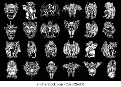 Set of mythological ancient creatures animals with bat like wings and horns. Mythical gargoyle with sharp fangs teeth and nails or claws in seating position. Engraved hand drawn sketch. Vector.