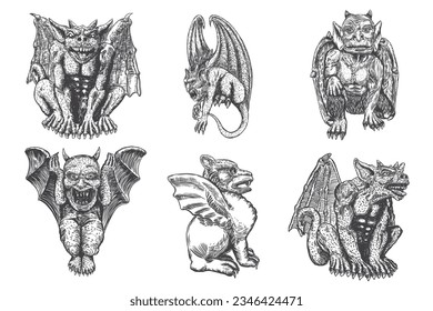 Set of mythological ancient creatures animals with bat like wings and horns. Mythical gargoyle with sharp fangs teeth and nails or claws in seating position. Engraved hand drawn sketch. Vector.