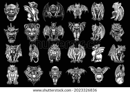 Set of mythological ancient creatures animals with bat like wings and horns. Mythical gargoyle with sharp fangs teeth and nails or claws in seating position. Engraved hand drawn sketch. Vector.