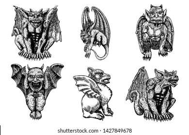 Set of mythological ancient gargoyle creatures, human and dragon like chimera with bat wings and horns. Mythical gargouille with fangs and claws. Engraved hand drawn sketch. Vector.