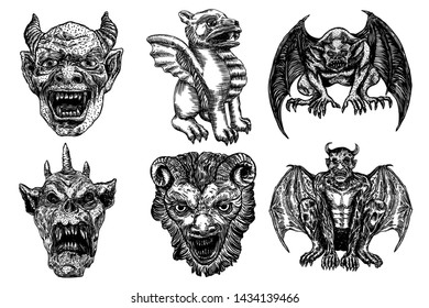 Set of mythological ancient gargoyle creatures, human and dragon like chimera with bat wings and horns. Mythical gargouille with fangs and claws. Engraved hand drawn sketch. Vector.