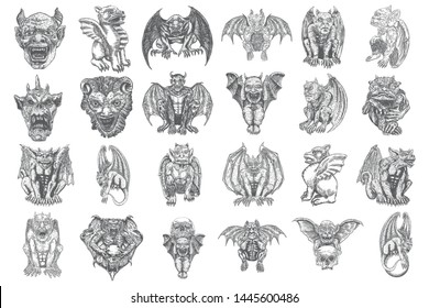 Set of mythological ancient gargoyle creatures, human and dragon like chimera with bat wings and horns. Mythical gargouille with fangs and claws. Engraved hand drawn sketch. Vector.