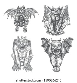Set of mythological ancient gargoyle creatures, human and dragon like chimera with bat wings and horns. Mythical gargouille with fangs and claws. Engraved hand drawn sketch. Vector.
