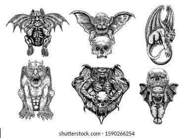 Set of mythological ancient gargoyle creatures, human and dragon like chimera with bat wings and horns. Mythical gargouille with fangs and claws. Engraved hand drawn sketch. Vector.