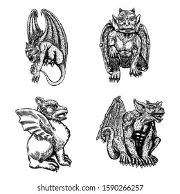 Set of mythological ancient gargoyle creatures, human and dragon like chimera with bat wings and horns. Mythical gargouille with fangs and claws. Engraved hand drawn sketch. Vector.