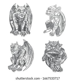 Set of mythological ancient gargoyle creatures, human and dragon like chimera with bat wings and horns. Mythical gargouille with fangs and claws. Engraved hand drawn sketch. Vector.