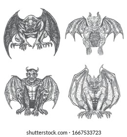 Set of mythological ancient gargoyle creatures, human and dragon like chimera with bat wings and horns. Mythical gargouille with fangs and claws. Engraved hand drawn sketch. Vector.