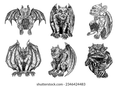 Set of mythological ancient gargoyle creatures, human and dragon like chimera with bat wings and horns. Mythical gargouille with fangs and claws. Engraved hand drawn sketch. Vector.