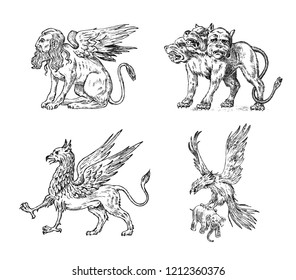 Set of Mythological animals. Cerberus Sphinx Griffin Mythical Basilisk Birds. Greek creatures. Engraved hand drawn antique old vintage sketch.