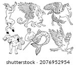 Set of mythological animals. Collection of Greek mythical creatures mermaid, minotaur, harpy, griffin. Fantasy people. Vector illustration various magical mythical creatures.