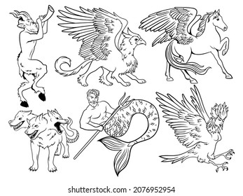 Conjunto de animales mitológicos. Colección de criaturas míticas griegas sirena, minotauro, arpía, ataúd. Gente de fantasía. Ilustración vectorial varias criaturas mágicas míticas.