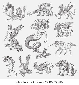 Satz von mythologischen Tieren. Mermaid Minotaur Unicorn chinesischer Drache Cerberus Harpy Sphinx Griffin Mythische Basilisk Roc Woman Bird. Griechische Kreaturen. Eingegrabene handgezeichnete alte Vintage-Skizze.