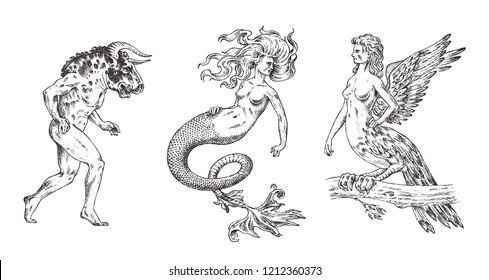 Set of Mythological animals. Mermaid Minotaur Harpy Woman Bird. Greek creatures. Engraved hand drawn antique old vintage sketch.