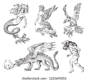 Set of Mythological animals. Mermaid Minotaur Chinese dragon Harpy Griffin Mythical Basilisk Roc Woman Bird. Greek creatures. Engraved hand drawn antique old vintage sketch.