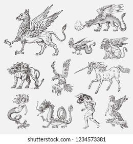 Set of Mythological animals. Mermaid Minotaur Unicorn Chinese dragon Cerberus Harpy Sphinx Griffin Mythical Basilisk Roc Woman Bird. Greek creatures. Engraved hand drawn antique old vintage sketch. svg