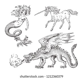 Set of Mythological animals. Mermaid Unicorn Chinese dragon Basilisk Woman. Greek creatures. Engraved hand drawn antique old vintage sketch.