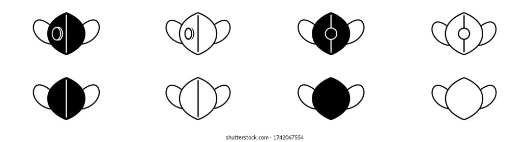 Set of N95 face mask icons. Protective FFP masks or respirators with and without valve. Vector Illustration