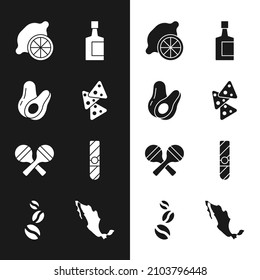 Set Nachos, Avocado fruit, Lemon, Tequila bottle, Maracas, Cigar, Map of mexican and Coffee beans icon. Vector