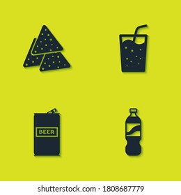 Set Nachos, Bottle of water, Beer can and Glass with icon. Vector.