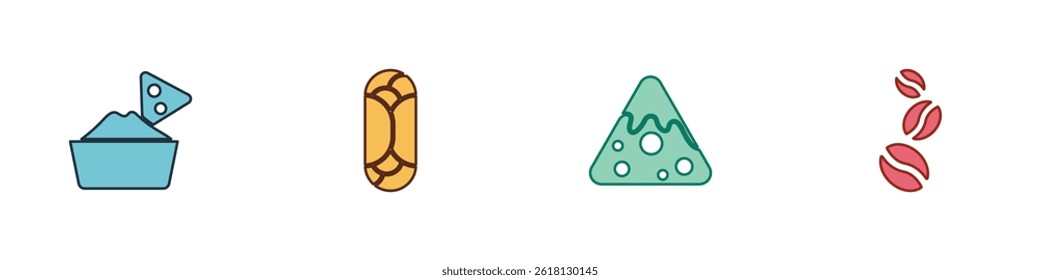 Defina Nachos no ícone de tigela, Burrito e grãos de café. Vetor