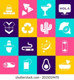 Set Nachos in bowl, Burrito, Lime, Margarita cocktail, Beans, Poncho, Mexican sombrero and Cactus icon. Vector