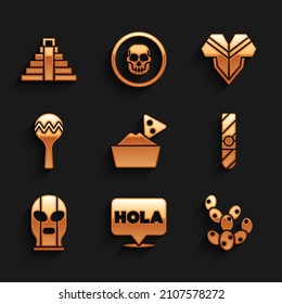 Set Nachos in bowl, Hola, Cactus, Cigar, Mexican wrestler, Maracas, Poncho and Chichen Itza Mayan icon. Vector