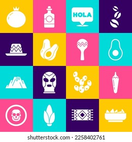 Set Nachos in bowl, Hot chili pepper pod, Avocado fruit, Hola, Mexican sombrero, Tomato and Maracas icon. Vector