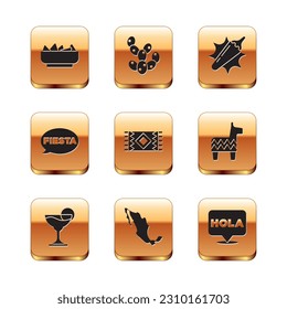 Set Nachos in bowl, Margarita cocktail, Map of mexican, Mexican carpet, Fiesta, Hot chili pepper pod, Hola and Cactus icon. Vector