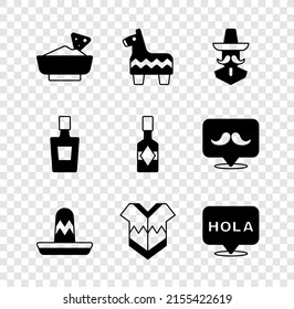 Set Nachos in bowl, Pinata, Mexican man sombrero, Poncho, Hola, Tequila bottle and Tabasco sauce icon. Vector