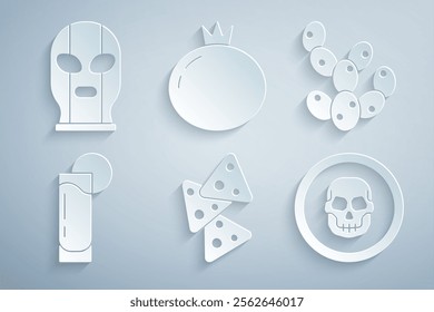 Set Nachos, Cactus, Tequila glass with lemon, Mexican skull coin, Tomato and wrestler icon. Vector