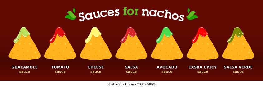 Set of nachos with different sauces, flavors on a red background. Mexican food menu concept, snacks and food 