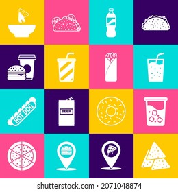 Set Nachos, Glass with water, Bottle of, Coffee and burger, in plate and Burrito icon. Vector