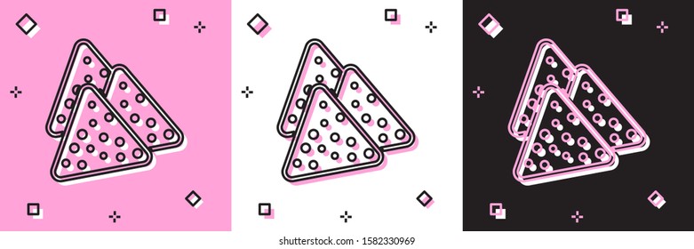 Set Nachos icon isolated on pink and white, black background. Tortilla chips or nachos tortillas. Traditional mexican fast food.  Vector Illustration