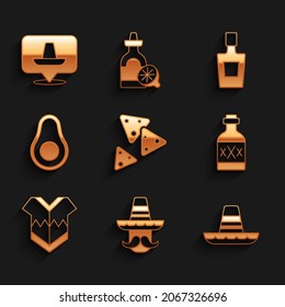 Set Nachos, Mexican man sombrero, Tequila bottle, Poncho, Avocado fruit,  and  icon. Vector