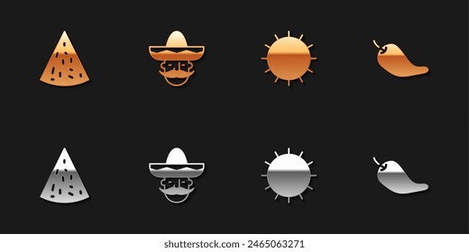 Set Nachos, Mexican man sombrero, Sun and Hot chili pepper pod icon. Vector