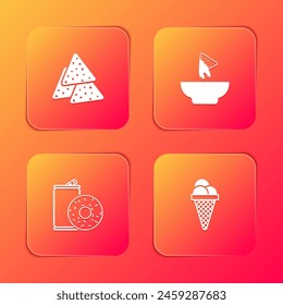 Set Nachos, in plate, Aluminum can soda and donut and Ice cream waffle cone icon. Vector