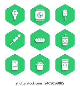 Set Nachos in plate, Asian noodles and chopsticks, Coffee cup to go, Paper glass with straw, Doner kebab, Meatballs wooden, Ice cream and waffle cone icon. Vector