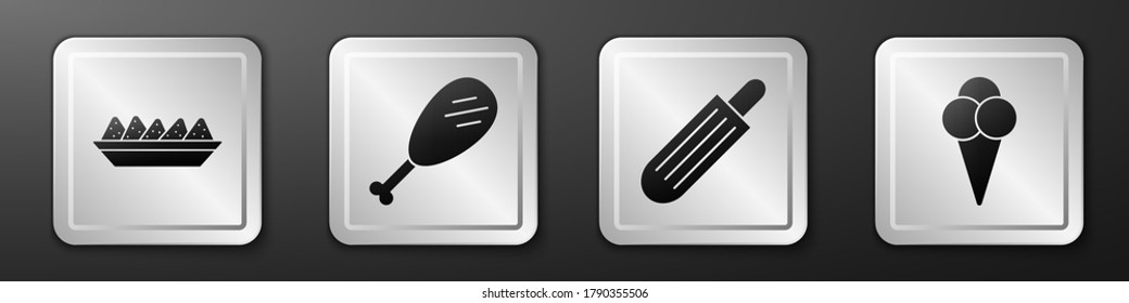 Set Nachos in plate, Chicken leg, French hot dog and Ice cream in waffle cone icon. Silver square button. Vector