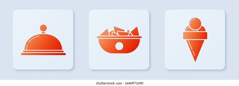 Set Nachos in plate, Covered with a tray of food and Ice cream in waffle cone. White square button. Vector