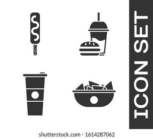 Set Nachos in plate, Ice cream, Paper glass and water and Paper glass with drinking straw and burger icon. Vector