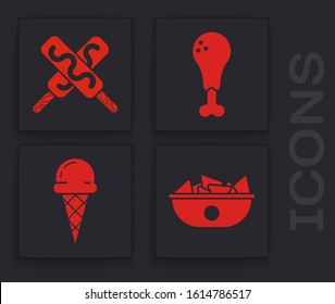 Set Nachos in plate, Ice cream, Chicken leg and Ice cream in waffle cone icon. Vector