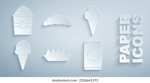 Set Nachos in plate, Ice cream waffle cone, Soda can with straw, Croissant and Popcorn box icon. Vector