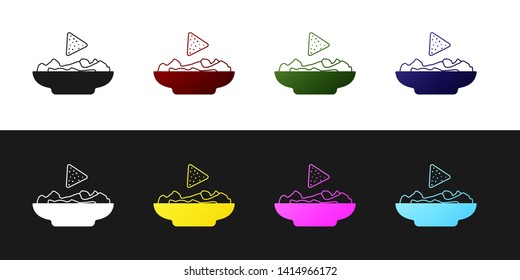 Set Nachos in plate icon isolated on black and white background. Tortilla chips or nachos tortillas. Traditional mexican fast food. Vector Illustration