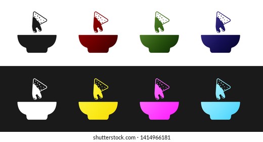 Set Nachos in plate icon isolated on black and white background. Tortilla chips or nachos tortillas. Traditional mexican fast food. Vector Illustration