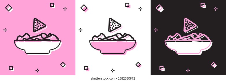 Set Nachos in plate icon isolated on pink and white, black background. Tortilla chips or nachos tortillas. Traditional mexican fast food.  Vector Illustration
