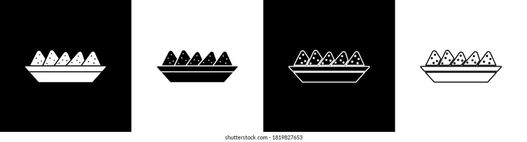 Set Nachos in plate icon isolated on black and white background. Tortilla chips or nachos tortillas. Traditional mexican fast food menu.  Vector Illustration